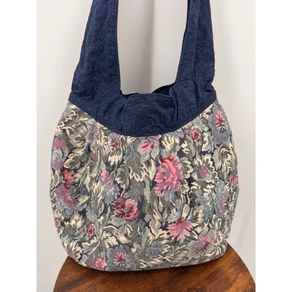 Handmade Floral Tapestry Shoulder Bag Blue Multi Bohemian Hobo Large
